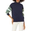 Cable Stitch Women’s Dropped Shoulder Contrast Sleeve Sweater – Mock Neck Long Sleeve Loose Fit Pullover Top(Navy)