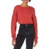 Cable Stitch Women’s Dropped Shoulder Crewneck Sweater – Puff Lantern Pleated Long Sleeve Solid Color Pullover Top(Burnt Red)
