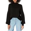 Cable Stitch Women’s Pleated-Sleeve Sweater – Mock Neck Puff Blouson Long Sleeve Drop Shoulder Solid Color Pullover Top(Black)