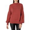 Cable Stitch Women’s Pleated-Sleeve Sweater – Mock Neck Puff Blouson Long Sleeve Drop Shoulder Solid Color Pullover Top(Rust)