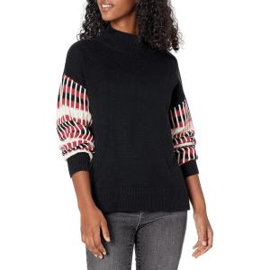Cable Stitch Women’s Dropped Shoulder Contrast Sleeve Sweater – Mock Neck Long Sleeve Loose Fit Pullover Top(Black)