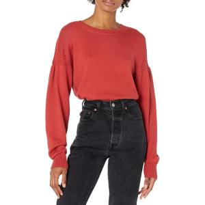 Cable Stitch Women’s Dropped Shoulder Crewneck Sweater – Puff Lantern Pleated Long Sleeve Solid Color Pullover Top(Burnt Red)