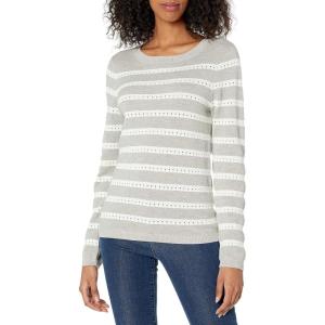 Cable Stitch Women’s Lightweight Pointelle Striped Sweater – Crewneck Long Sleeve Soft Pullover Top(Heather Grey/White)