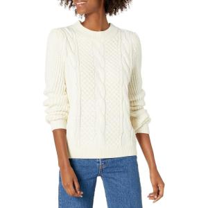 Cable Stitch Women’s Mixed Cable Knit Sweater – Classic Fit Crewneck Long Sleeve Shirred Shoulder Pullover Top(Cream)
