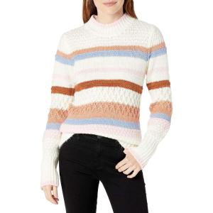 Cable Stitch Women’s Mixed Pointelle Stripe Sweater – Mock Neck Long Sleeve Colorblock Pullover Knit Top(Multi-cream)