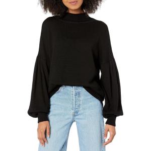 Cable Stitch Women’s Pleated-Sleeve Sweater – Mock Neck Puff Blouson Long Sleeve Drop Shoulder Solid Color Pullover Top(Black)