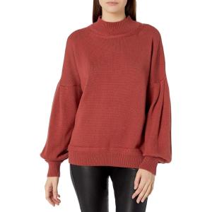Cable Stitch Women’s Pleated-Sleeve Sweater – Mock Neck Puff Blouson Long Sleeve Drop Shoulder Solid Color Pullover Top(Rust)