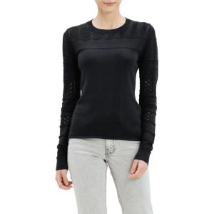 Cable Stitch Women’s Pointelle Sleeve Lightweight Sweater – Long Sleeve Crewneck Lace Pullover Top(Black)
