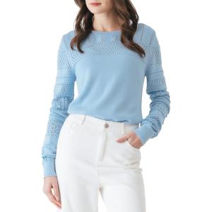 Cable Stitch Women’s Pointelle Sleeve Lightweight Sweater – Long Sleeve Crewneck Lace Pullover Top(Light Blue)