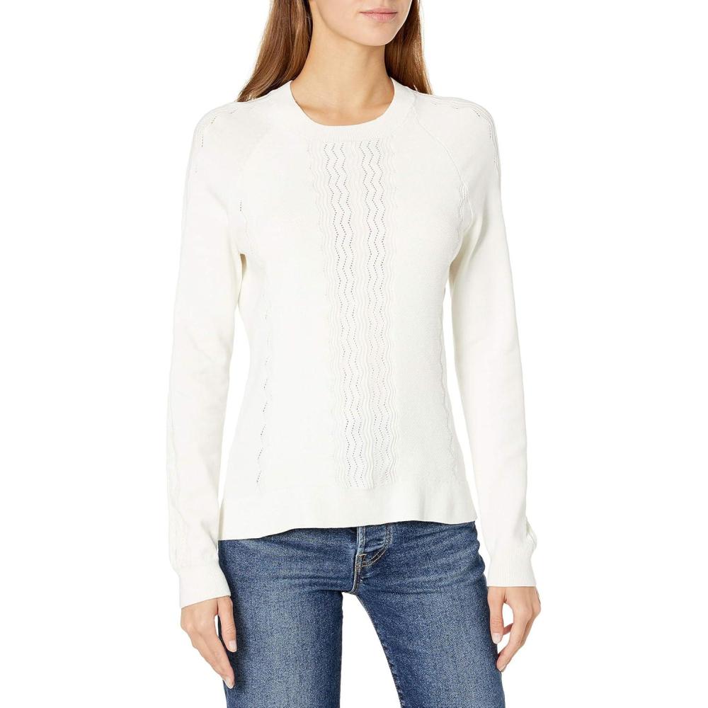 imageCable Stitch Womens Pointelle Front Lightweight Sweater  Crewneck Raglan Long Sleeve Solid Color Pullover Knit TopIvory