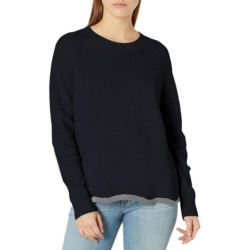 imageCable Stitch Womens Scallop Hem Sweater  Crewneck Raglan Long Sleeve Contrast Tipping Rib Knit Cotton Pullover TopNavy